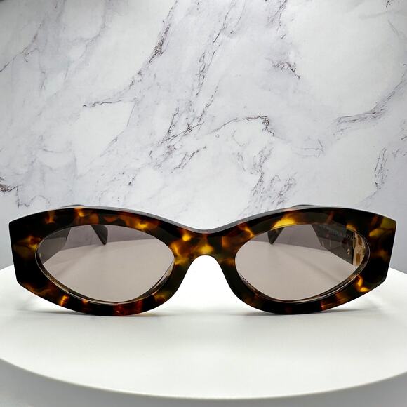 New MIU MIU Sunglasses Brown Tortoise Shell Oval Acetate Gold Logo Italy - Picture 2 of 16